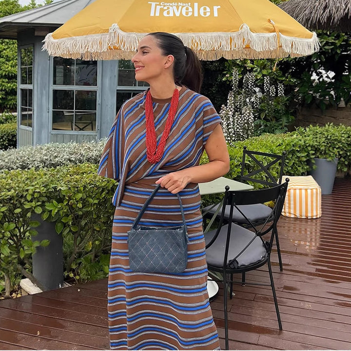 Women's Striped Maxi Dress with Asymmetrical Cape Sleeves & Tailored Silhouette Mune Fashion