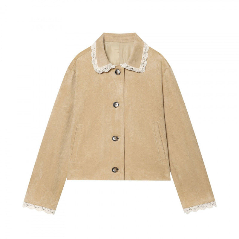 Women's Cropped Velvet Jacket with Lace Collar and Lace Cuffs Mune Fashion