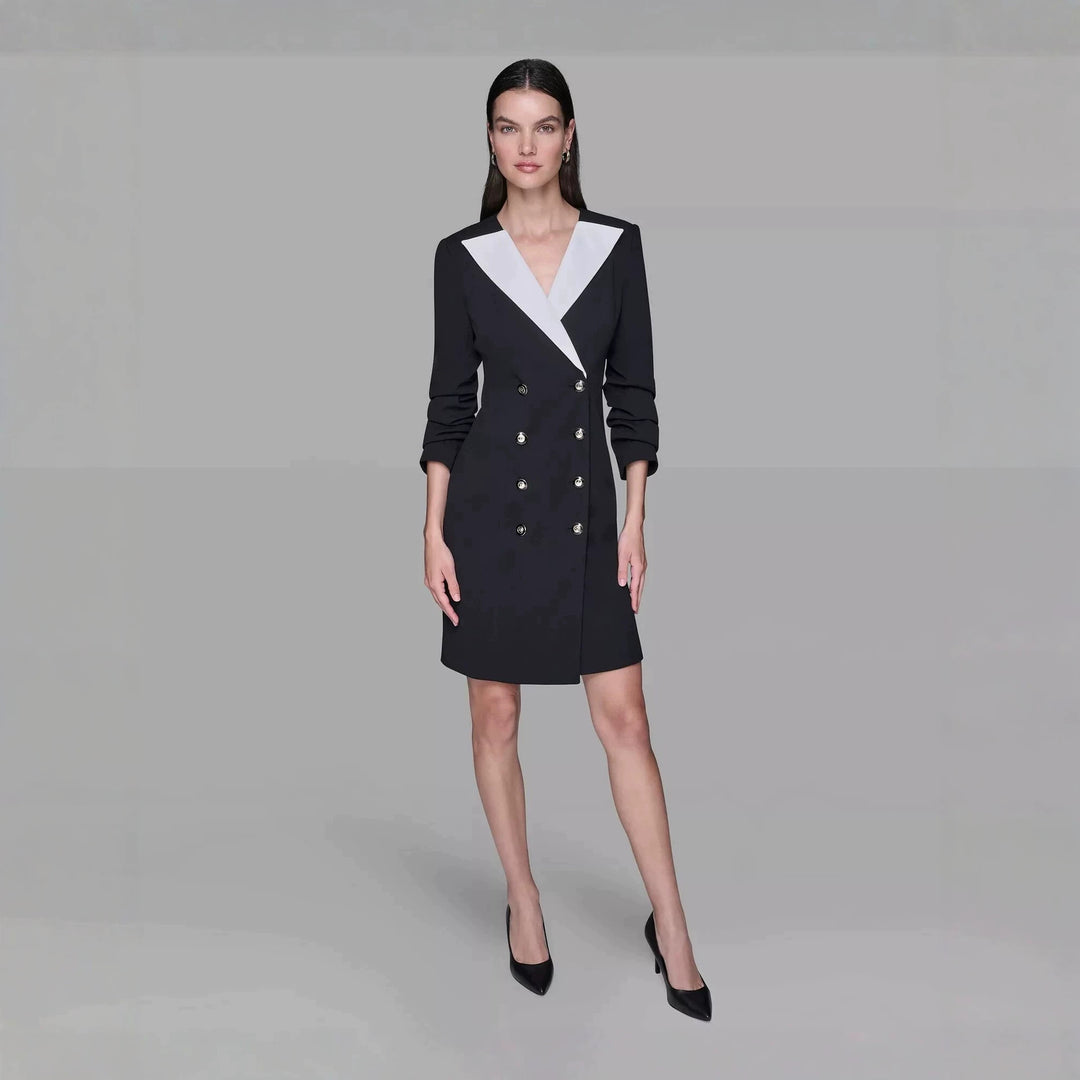 Ladies Double-Breasted Blazer Dress with Contrasting Shawl Collar Mune Fashion