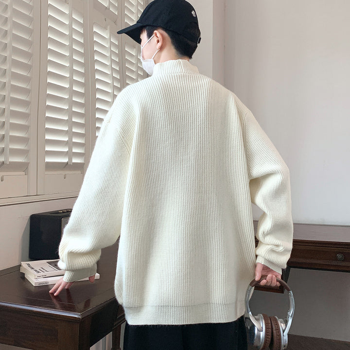 Men's Oversized Ribbed Sweater with Asymmetric Button Collar Mune Fashion