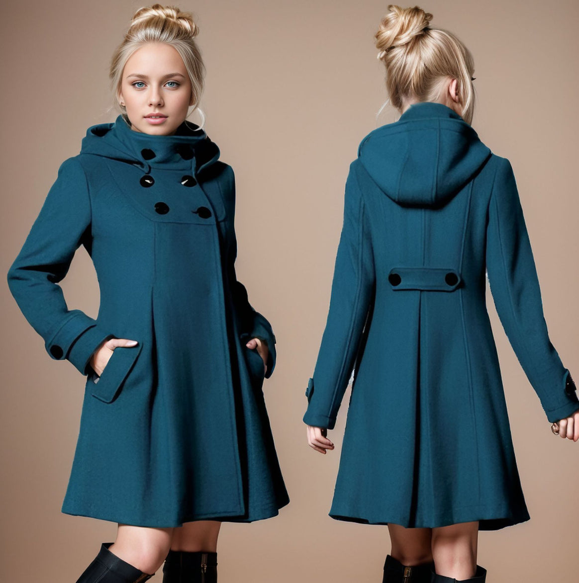 Women A-line wool coat with high standing collar, hooded look, and double-breasted Mune Fashion