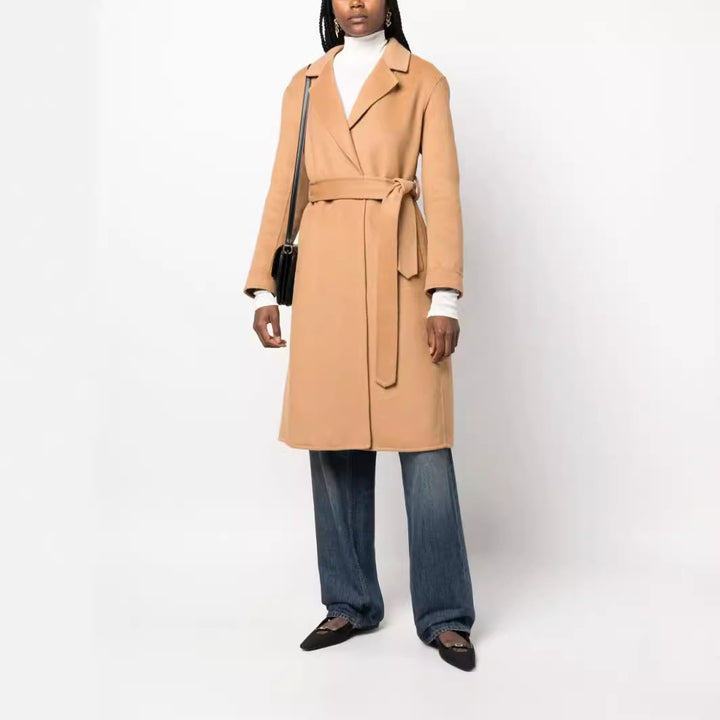 Women's Midi-Length Wrap Coat in Clean-Cut made of Wool-Cashmere Blend with Tie Belt Mune Fashion