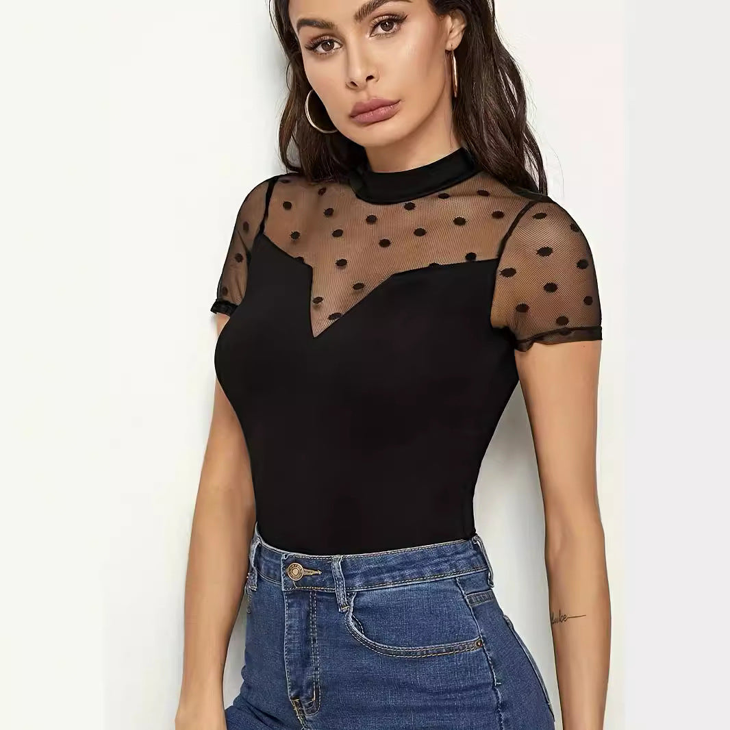 Women's figure-hugging tulle body with dot tulle, stand-up collar and V insert Mune Fashion