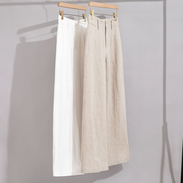 Women High-waisted Linen Trousers with Wide Leg, Crease and Belt Loops Mune Fashion