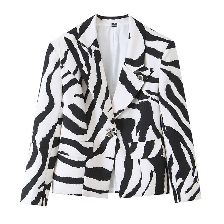 Women’s Statement Zebra Blazer with Lapel Collar and Tailored Silhouette Mune Fashion