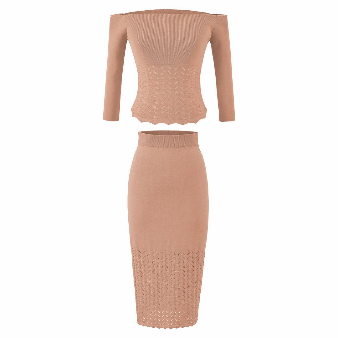 Women's Two-Piece Knit Set with off-the-shoulder Neckline and Bodycon Pencil Skirt Mune Fashion