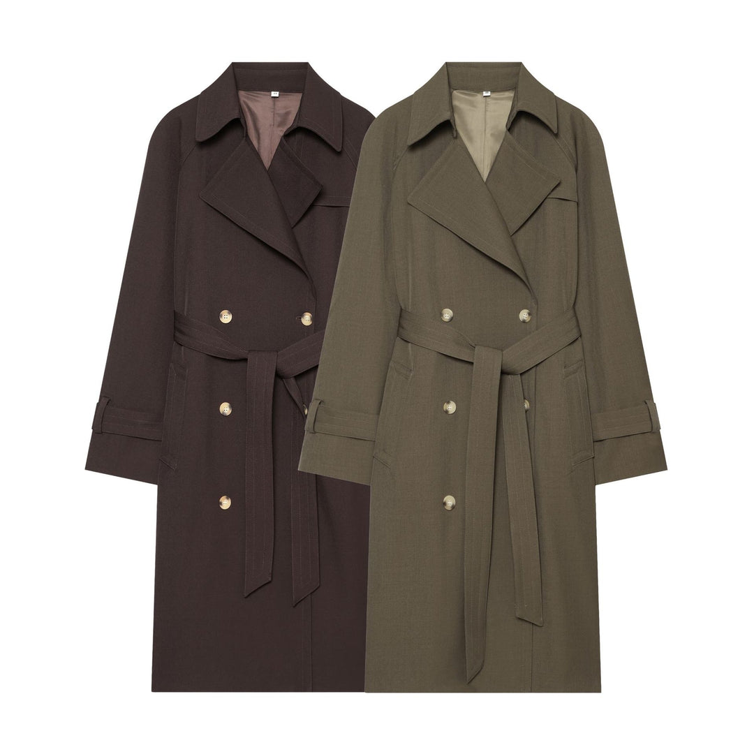 Women Mid-length Double-breasted Trench Coat with Wide Lapels and Waist Tie Belt Mune Fashion