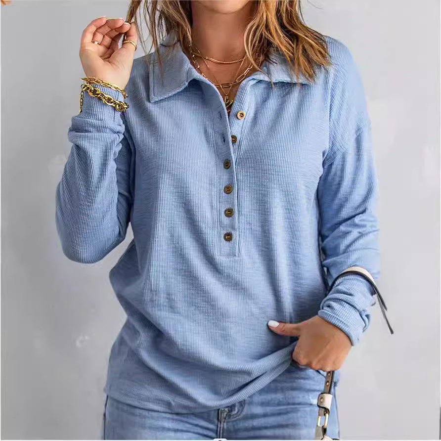 Women's Long Sleeve Waffle Shirt with Shirt Collar and Button Placket Drune