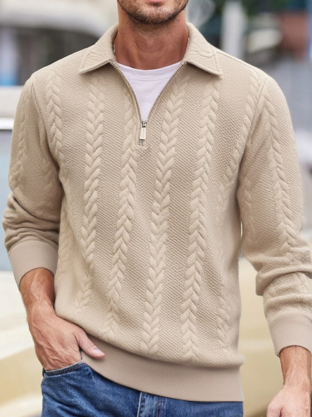 Men's fine structured cable knit sweater with short zipper and Kent collar Mune Fashion
