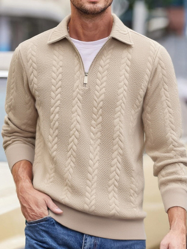 Men's fine structured cable knit sweater with short zipper and Kent collar Mune Fashion