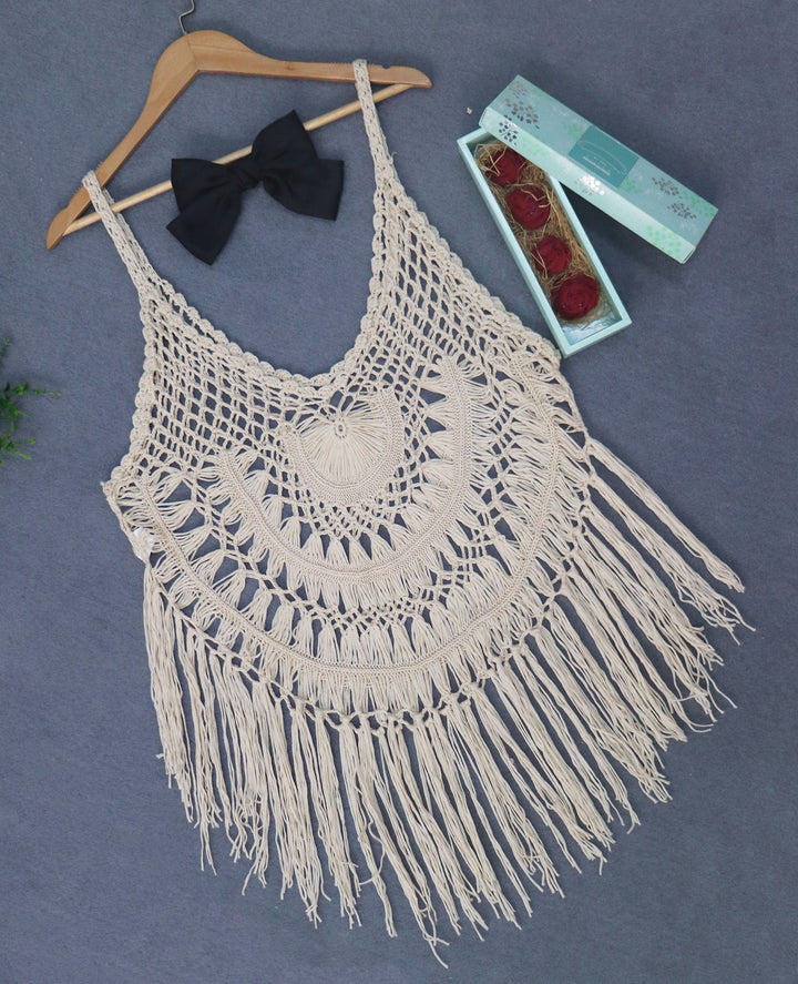 Women's airy crochet beach cover-up with colorful fringes Mune Fashion