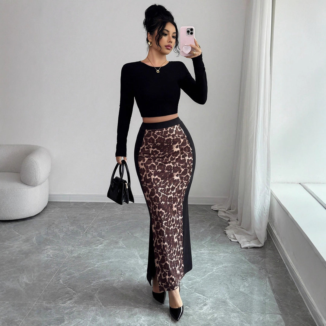 Women's tailored pencil midi skirt with animal print middle panel and side thigh slit Mune Fashion