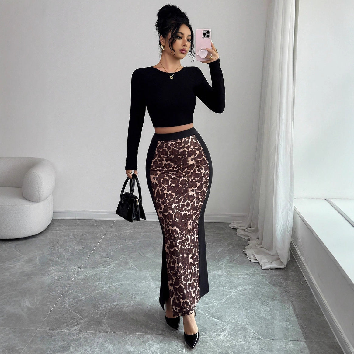 Women's tailored pencil midi skirt with animal print middle panel and side thigh slit Mune Fashion