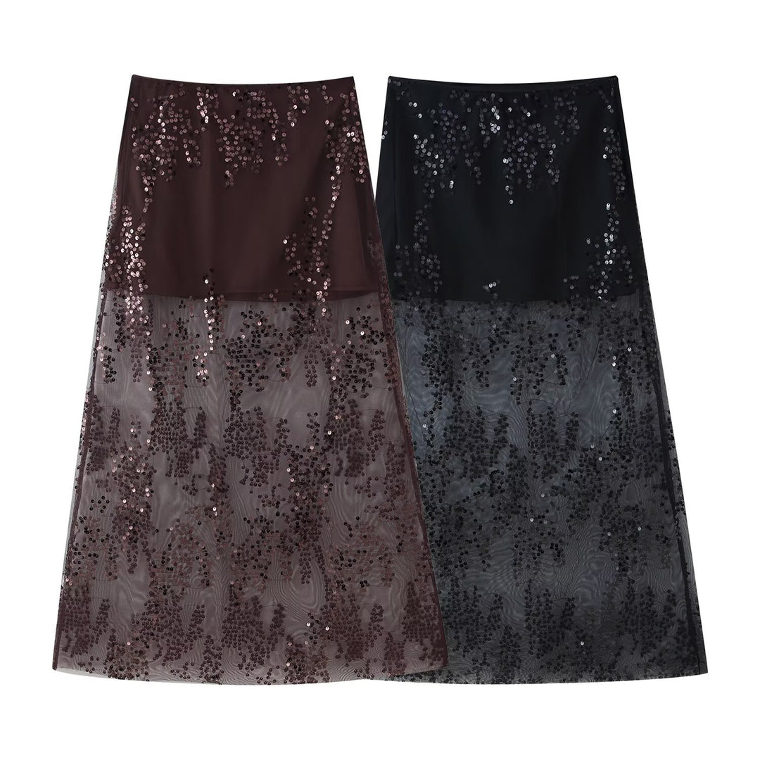 Women's Long Tulle Skirt with Sequin Trim and Opaque Lining Mune Fashion