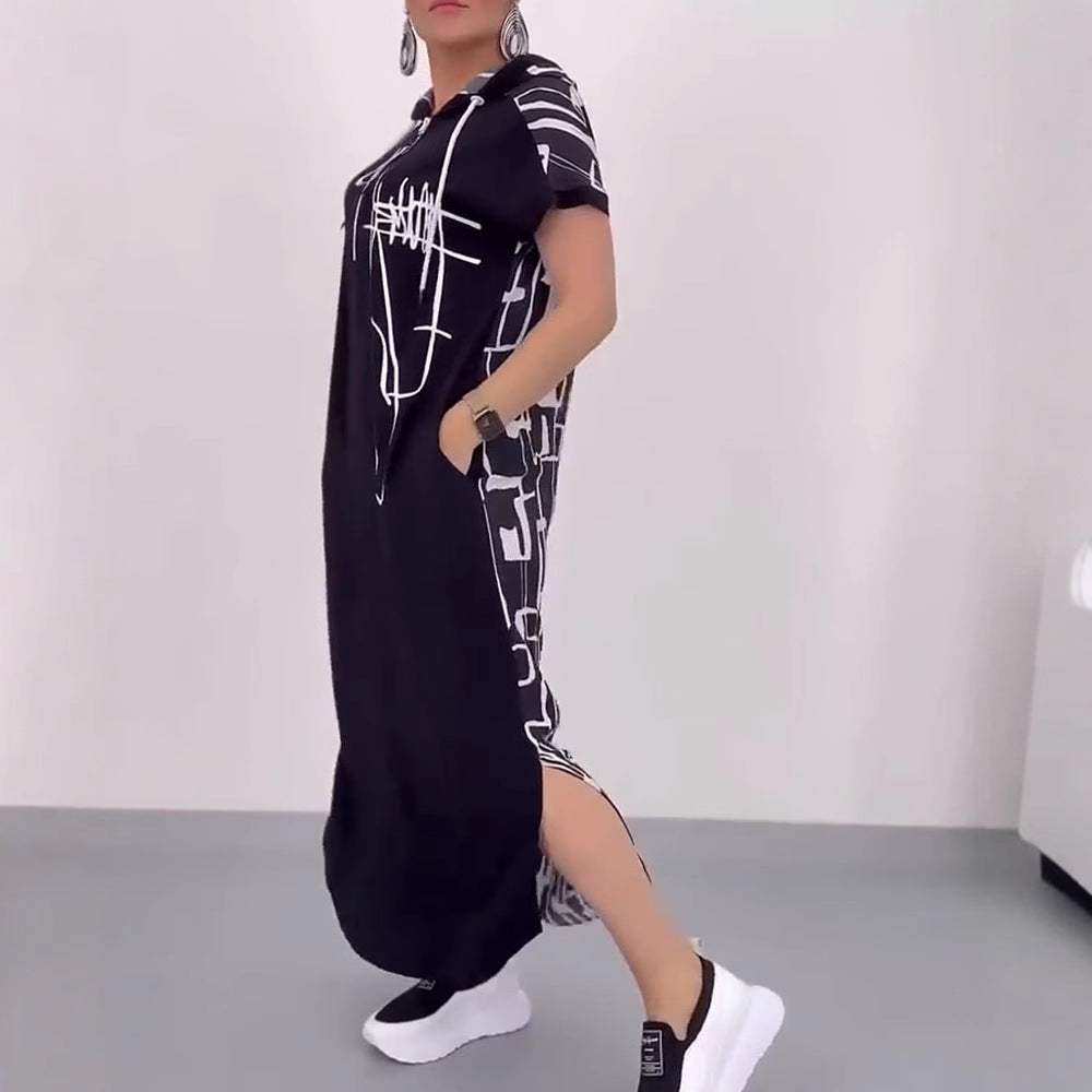 Women's casual hooded kaftan dress in loose fit with short sleeve cut and abstract graphic pattern Mune Fashion
