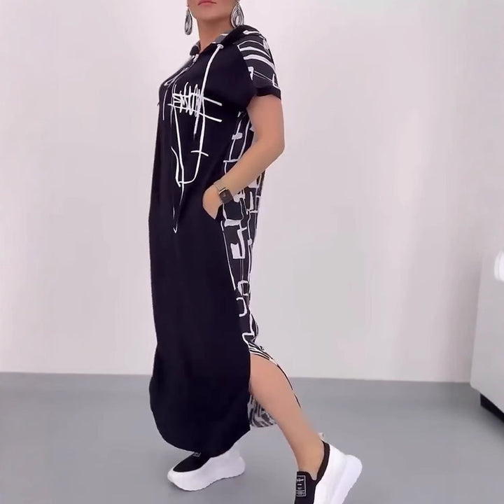 Women's casual hooded kaftan dress in loose fit with short sleeve cut and abstract graphic pattern Mune Fashion