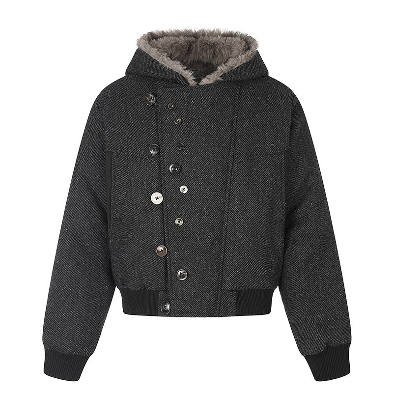 Women's hooded bomber jacket with faux fur lining, asymmetrical multi-button placket, and ribbed hem Mune Fashion