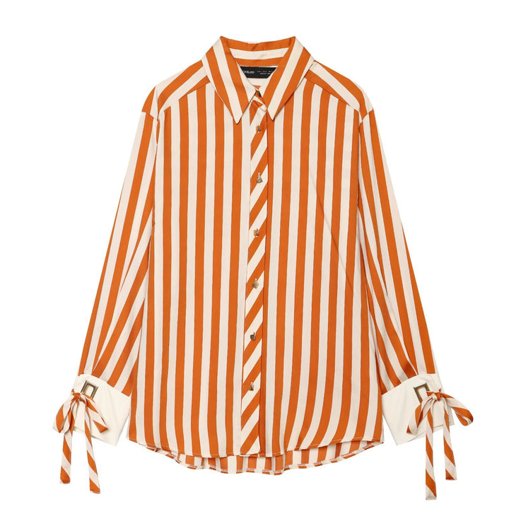 Women Striped Oversized Blouse with Long Sleeves, Decorative Cuffs and Ties Mune Fashion