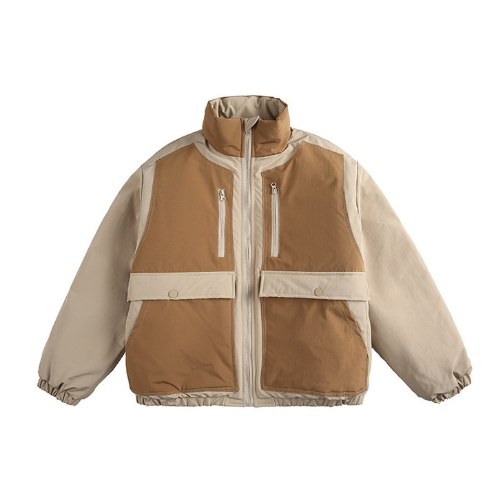 Unisex Boxy padded stand-up collar jacket with contrast panels, vertical chest zippers, and large flap pockets Mune Fashion