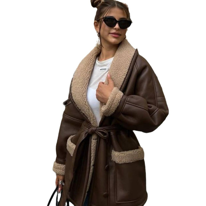 Ladies Short Teddy Coat with Tie Belt and Shawl Collar Mune Fashion