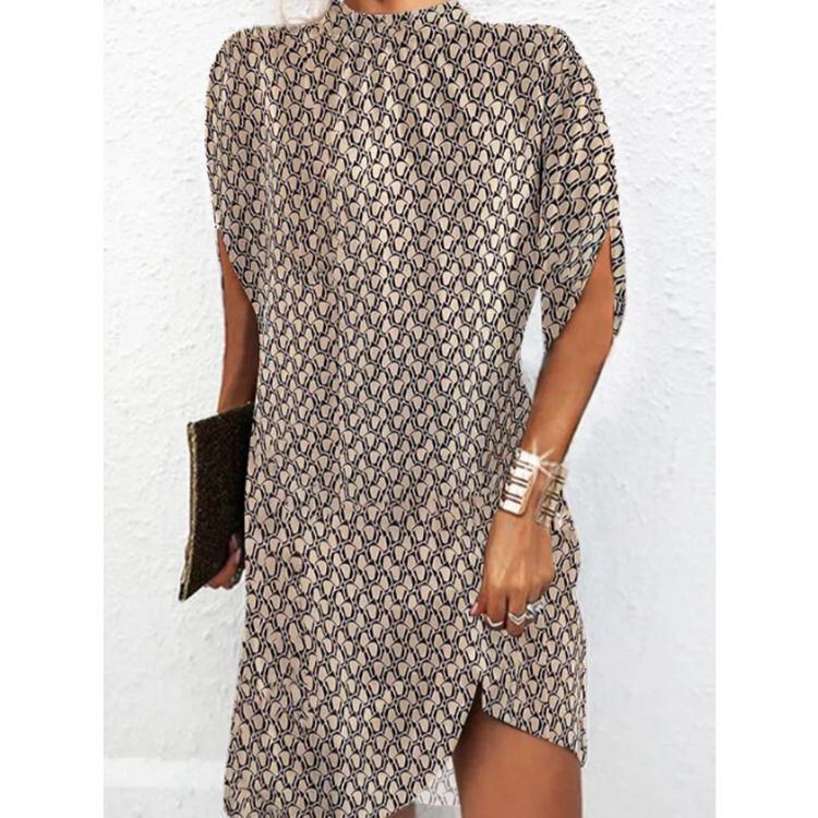 Women’s casual tunic mini dress with slit sleeves, small stand-up collar and side leg slit Mune Fashion