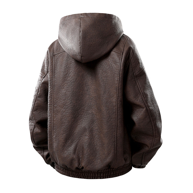 Herren Kunstleder-Bomberjacke mit Teddyfutter, Kapuze und Utility-Ärmeltasche Mune Fashion