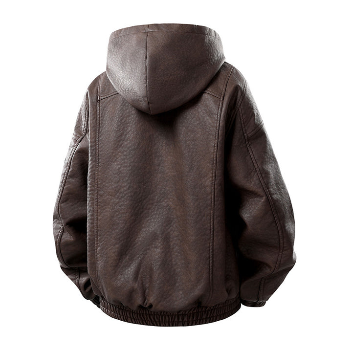 Herren Kunstleder-Bomberjacke mit Teddyfutter, Kapuze und Utility-Ärmeltasche Mune Fashion