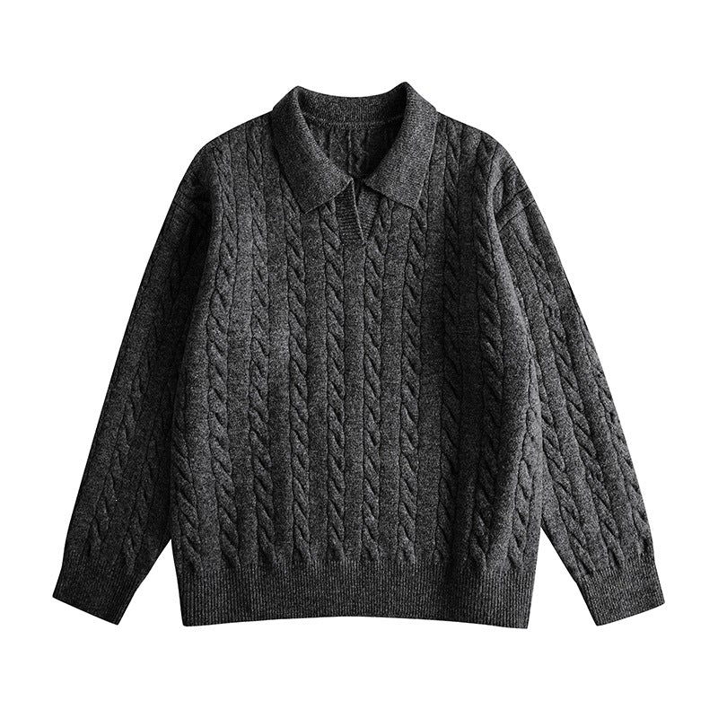 Women's Oversized Cable Knit Polo Sweater with V-Neck and Ribbed Hem Mune Fashion