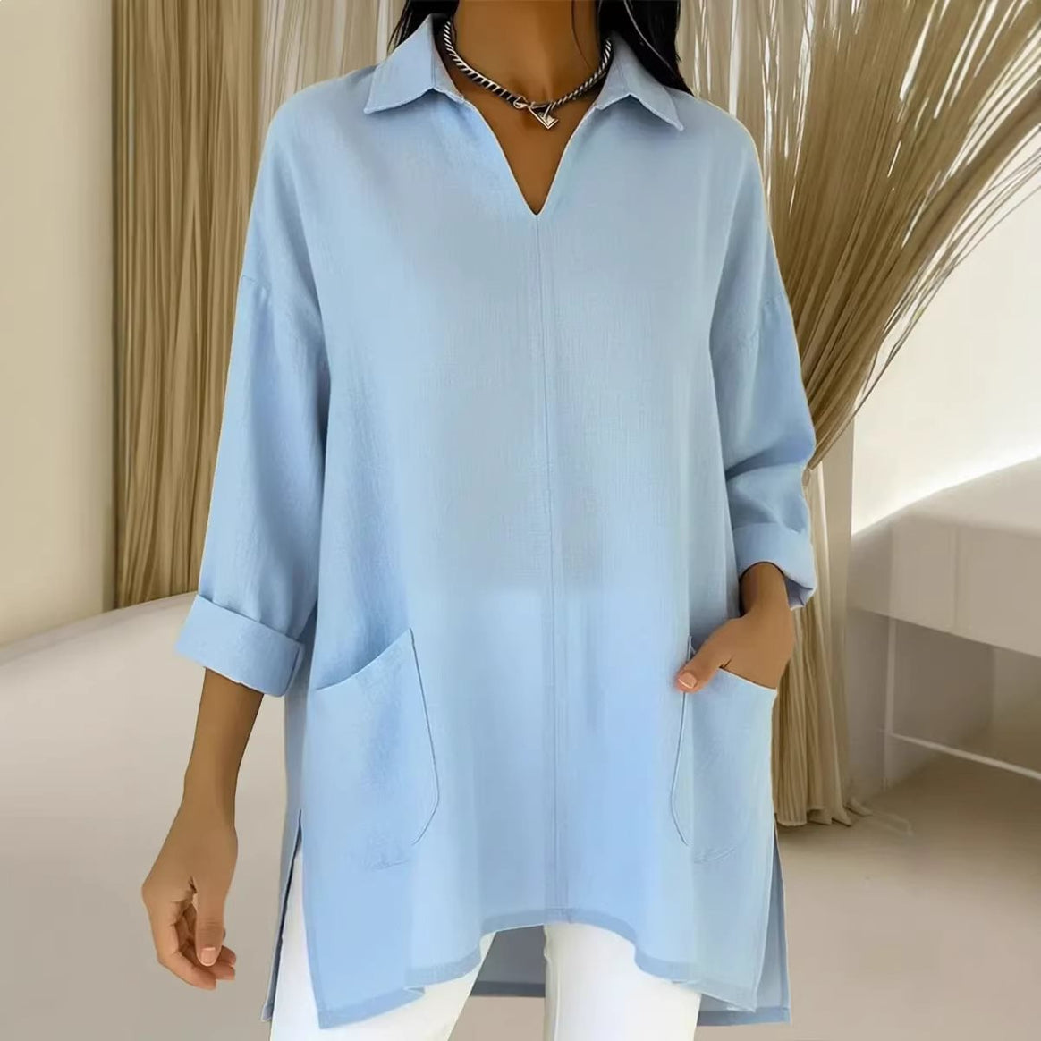 Women Oversized Tunic with Shirt Collar, V-Neck and Patch Pockets Mune Fashion