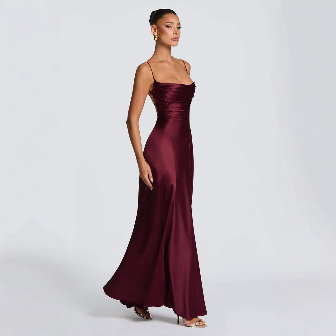Ladies Elegant Maxi Dress with refined spaghetti straps and flowing satin Mune Fashion