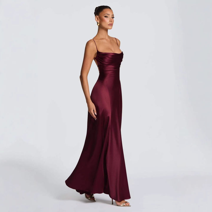 Ladies Elegant Maxi Dress with refined spaghetti straps and flowing satin Mune Fashion