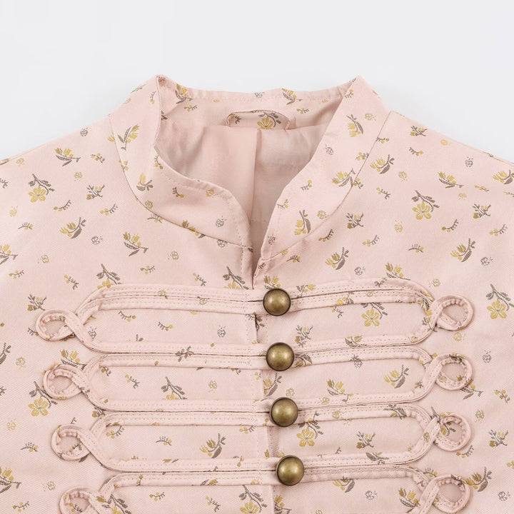 Women Cropped Satin Jacket in Military Style with Decorative Frog Trim Mune Fashion