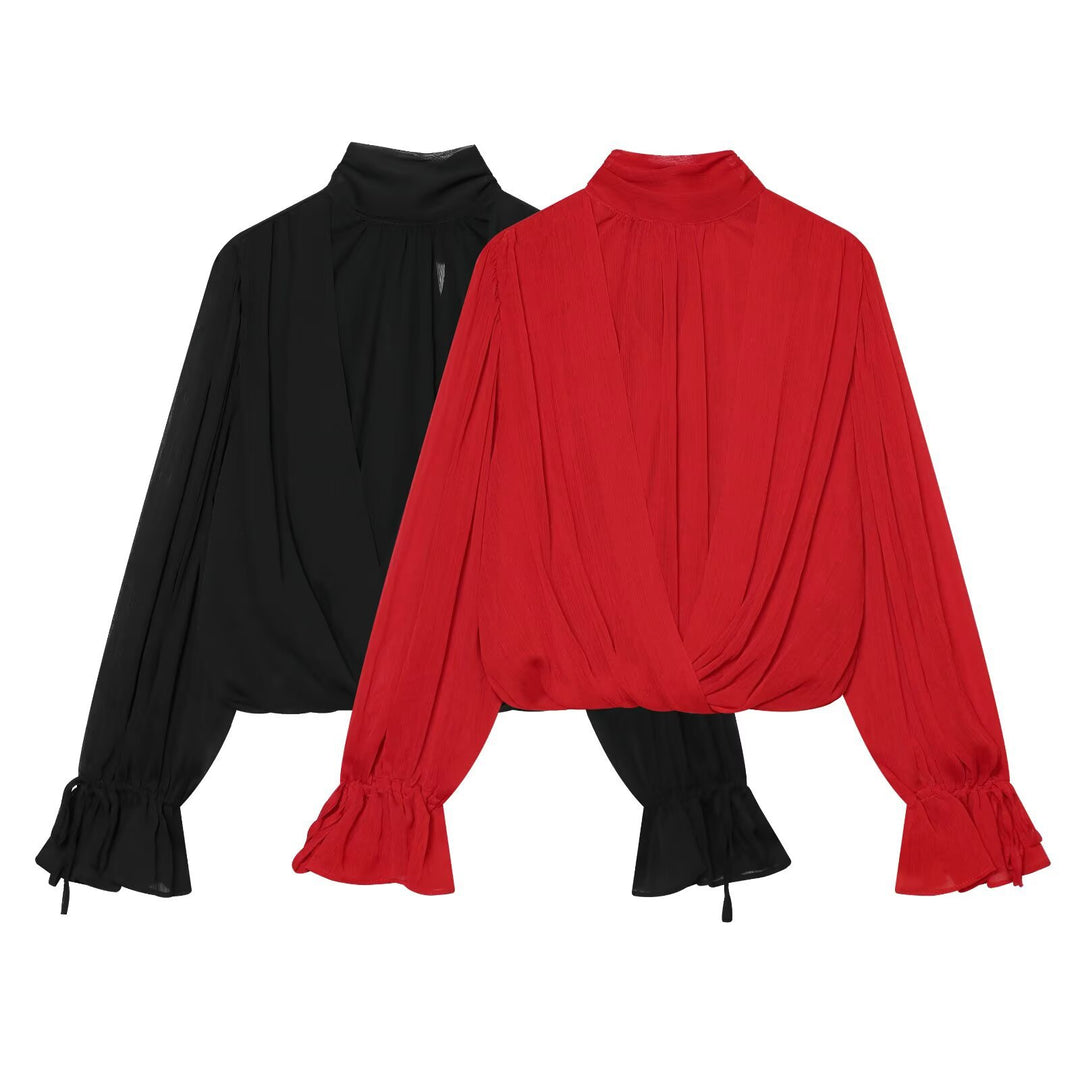 Women's chiffon blouse with tie, standing collar, and gathered balloon sleeves Mune Fashion