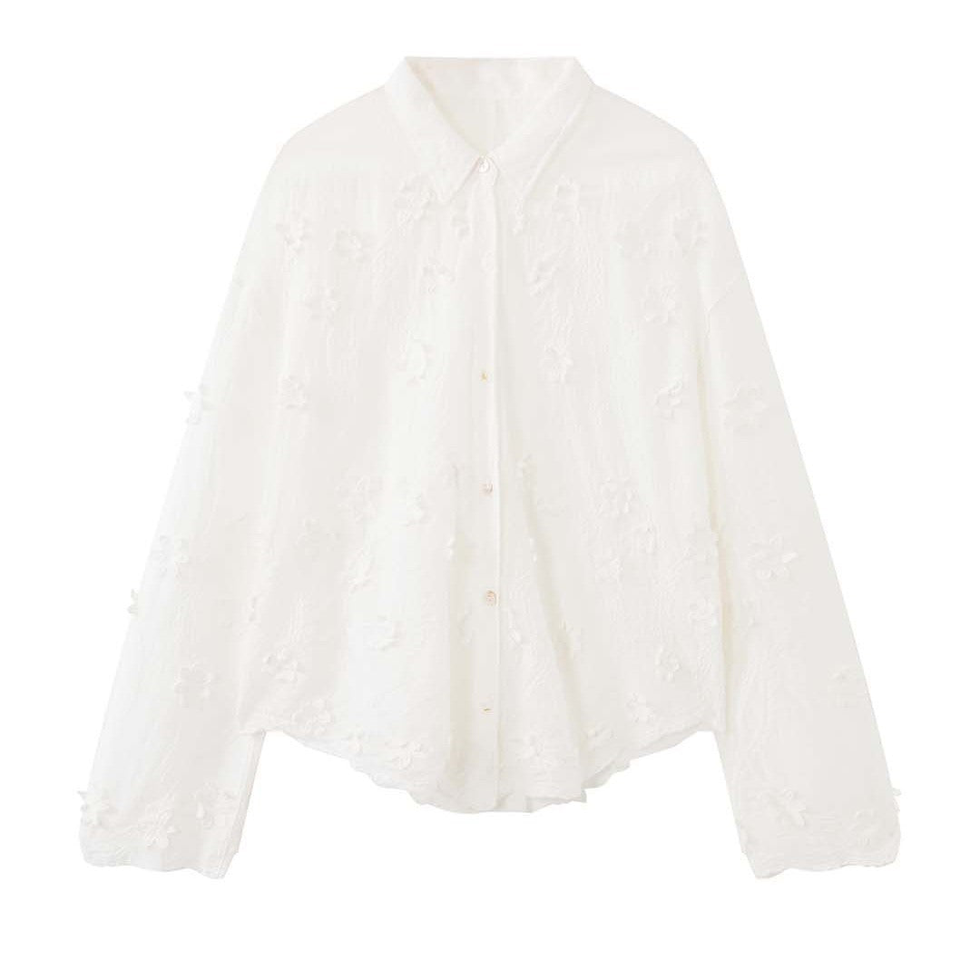 Women's Transparent Blouse with 3D Flower Embroidery, Shirt Collar and Button Placket Mune Fashion