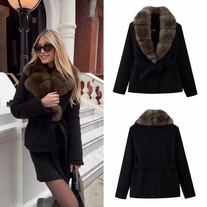 Women's Short Wool Blend Coat with Removable Faux Fur Shawl Collar and Waist Belt Mune Fashion