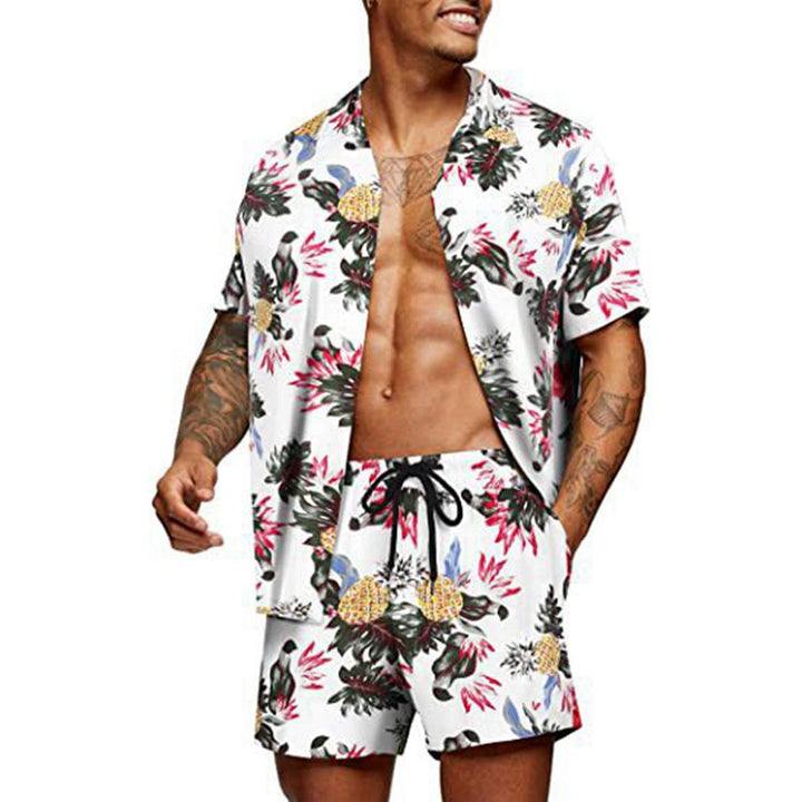 Men's tropical short sleeve shirt and swim shorts set with lapel collar, drawstring, and practical side pockets Mune Fashion