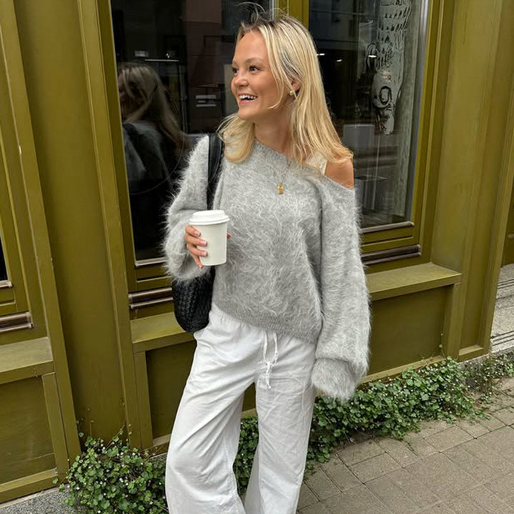 Women’s oversized fluffy mohair blend off-shoulder sweater with balloon sleeves Mune Fashion