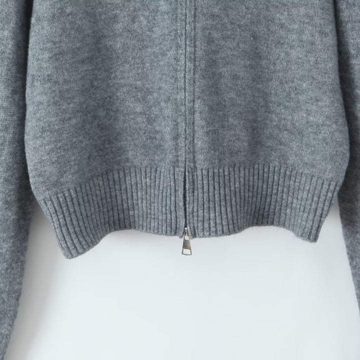 Women Short-Cut Knit Jacket with Zipper and Removable Faux Fur Collar Mune Fashion