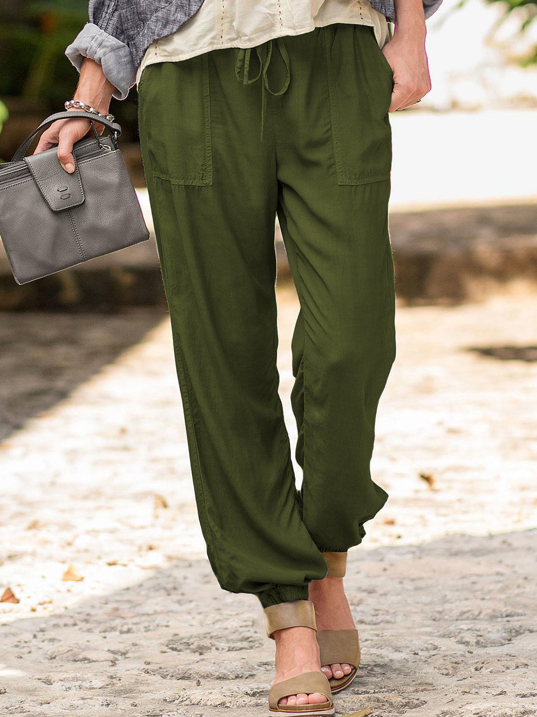 Women casual linen look jogging pants with drawstring, patch pockets and elastic cuffs Mune Fashion