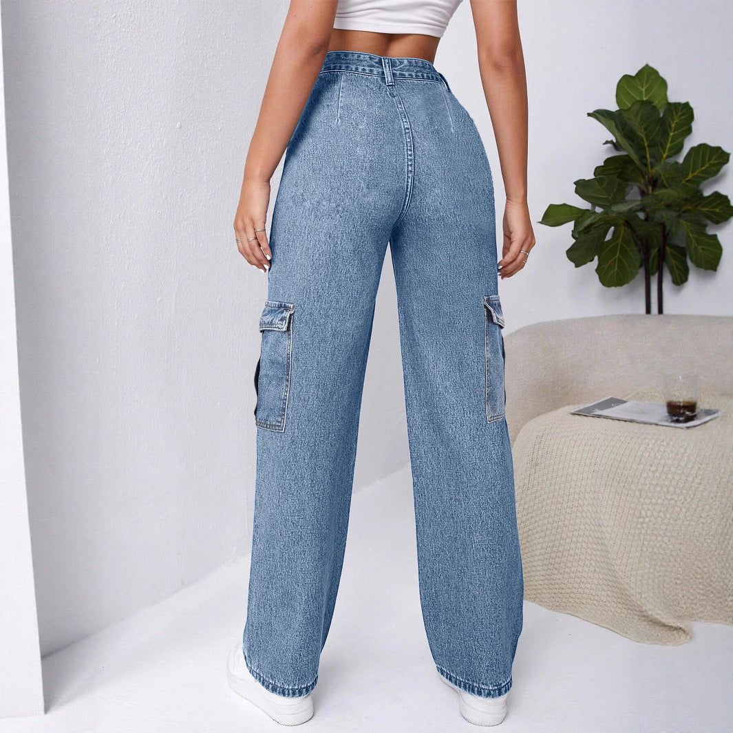 Women High-Waisted Cargo Wide Jeans with Patch Pockets and Elastic Hem Mune Fashion