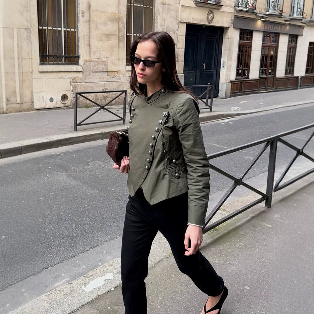 Women's Military-Inspired Short Jacket with Stand-Up Collar and Decorative Button Placket Mune Fashion