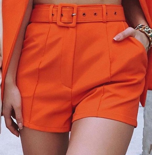 Women's Two-Piece Tailored Blazer Set with High-Waisted Shorts and Belt Mune Fashion