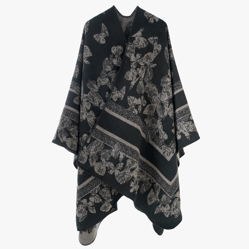 Women's Butterfly Jacquard Ruana made of Wool Blend with Curved Hem Mune Fashion