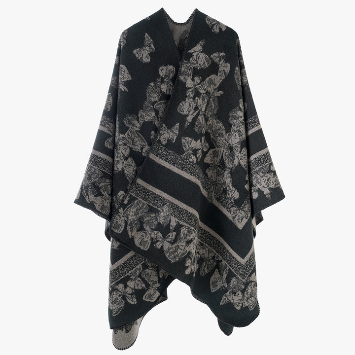 Women's Butterfly Jacquard Ruana made of Wool Blend with Curved Hem Mune Fashion