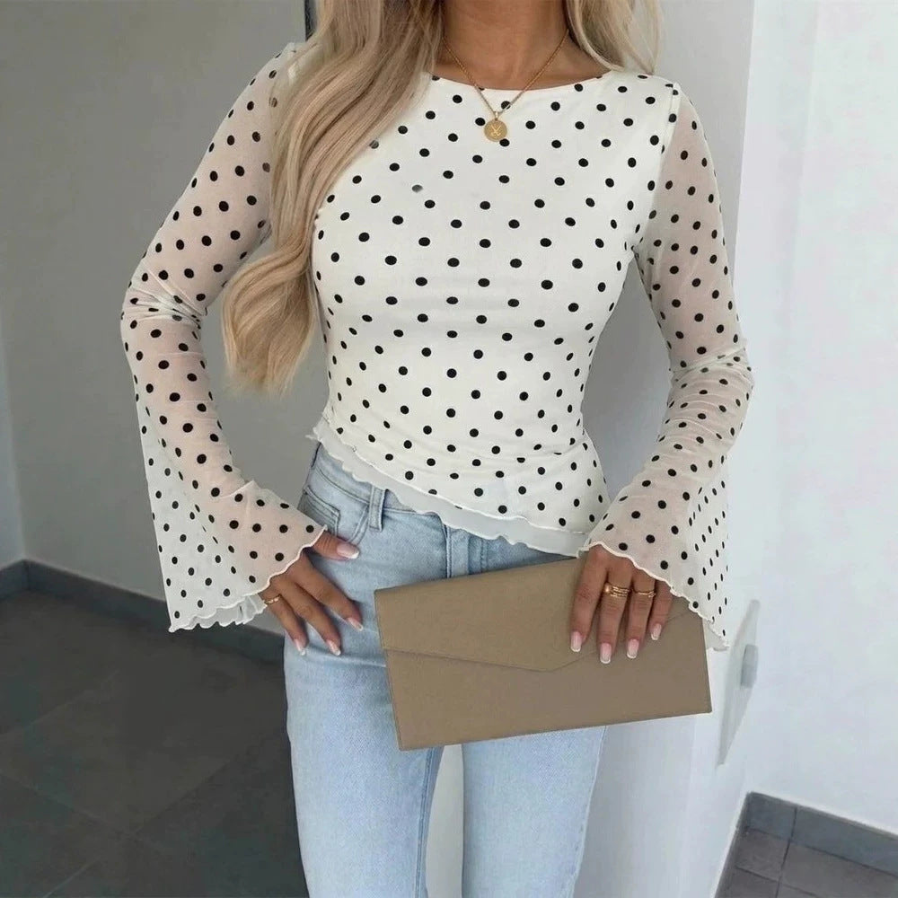 Women's Transparent Mesh Polka Dot Blouse with Tailored Fit and Bell Sleeves Drune