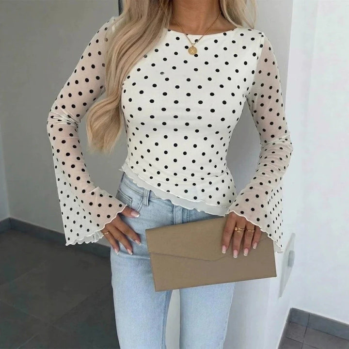 Women's Transparent Mesh Polka Dot Blouse with Tailored Fit and Bell Sleeves Drune