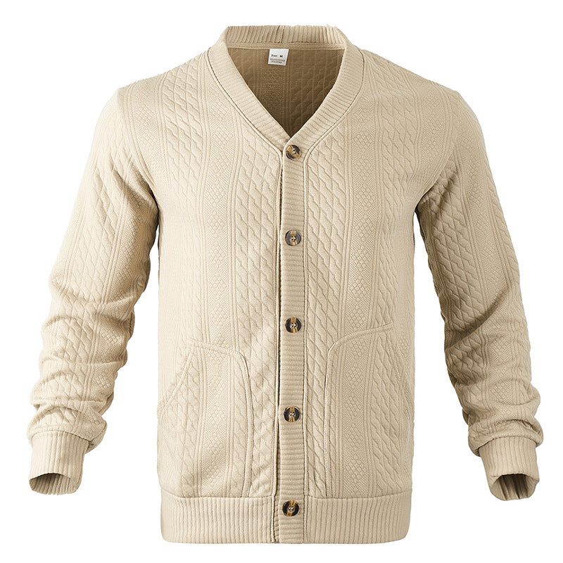 Men's Structured Knit Cardigan with Cable and Waffle Pattern, Button Placket and Patch Pockets Mune Fashion