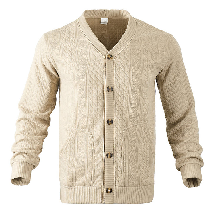 Men's Structured Knit Cardigan with Cable and Waffle Pattern, Button Placket and Patch Pockets Mune Fashion