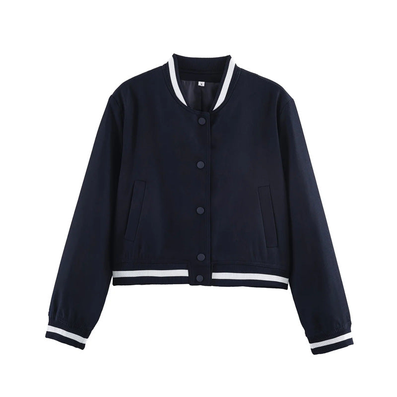 Women's short-cut bomber jacket in varsity style with ribbed cuffs and snap button closure Mune Fashion