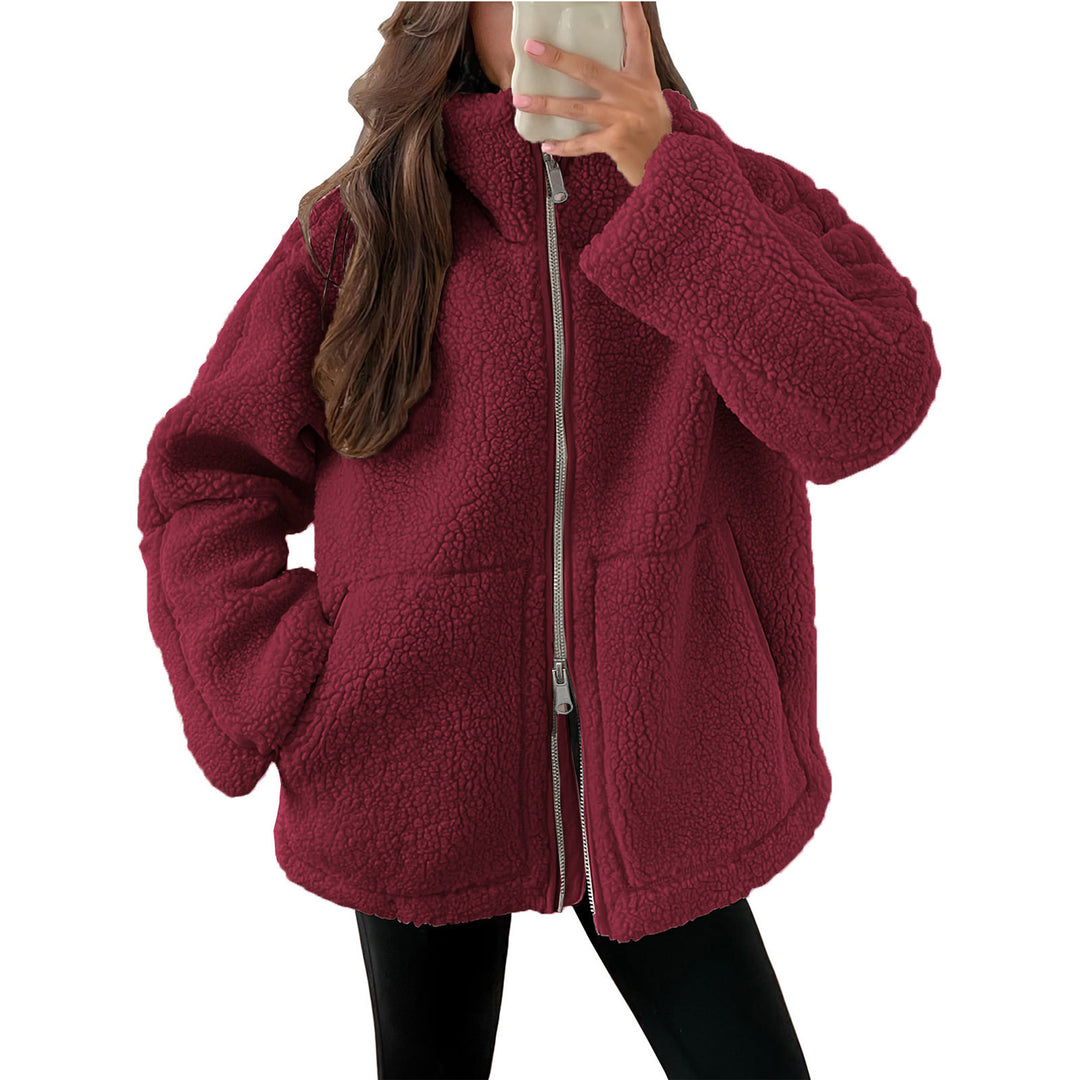 Women's oversized teddy fleece jacket with stand-up collar and full-length zipper Mune Fashion